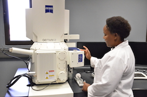 A scanning electron microscope (SEM) can magnify a sample by as much as 2 million times, and has the power to help visualize the finest detail on any sample